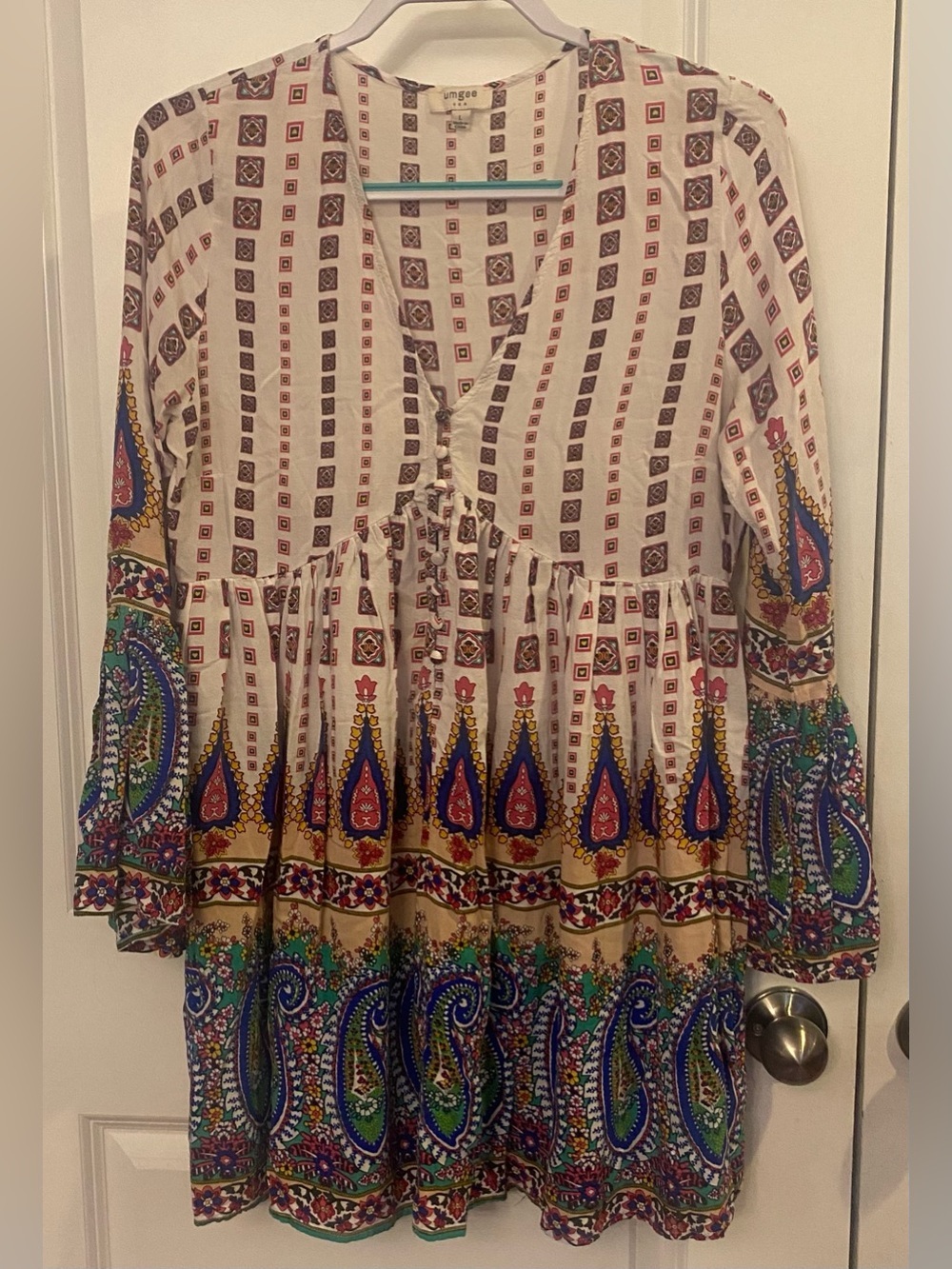 Umgee USA Midi Long Sleeve Dress Sz L Multicolor Paisley Print NWOT Boho
